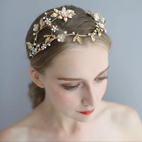 Gold Leaf Floral Wedding Tiara Hair Crown Accessories Handmade Bridal Headpiece main image 4